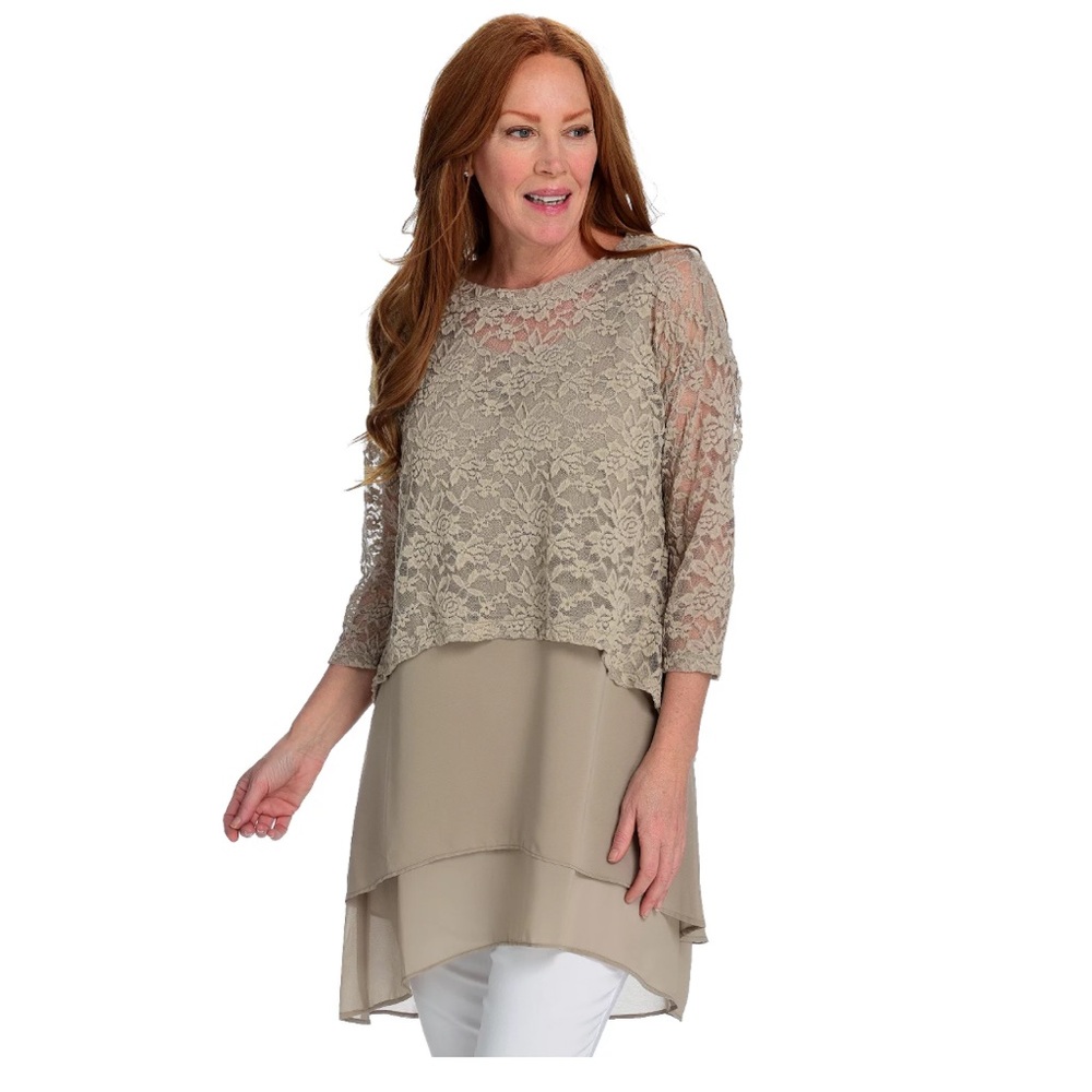 Women’s Kate & Mallory Lace & Chiffon Taupe 3/4 Sleeve Triple Layer Tunic